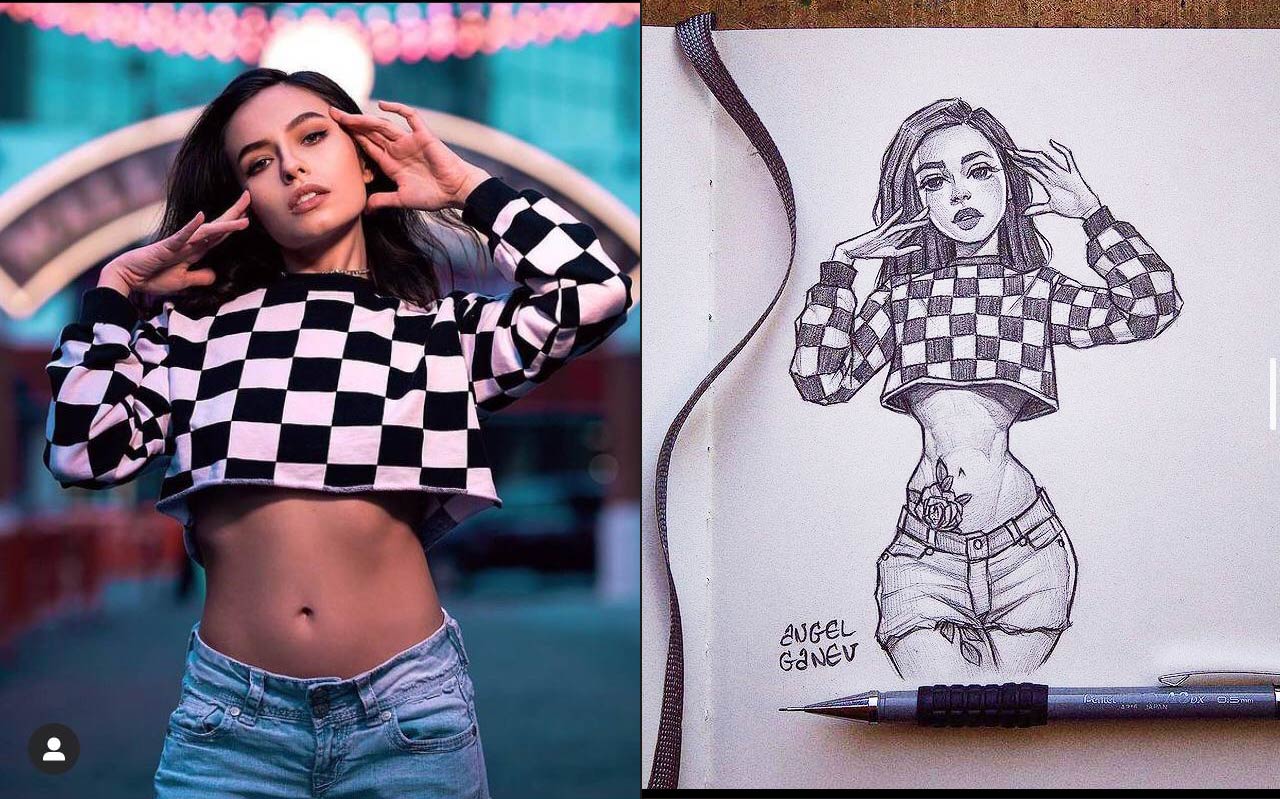 photo of a model and a stylized drawing based on that model