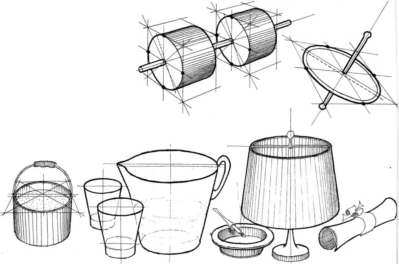technical drawing of some household objects with cylindrical forms
