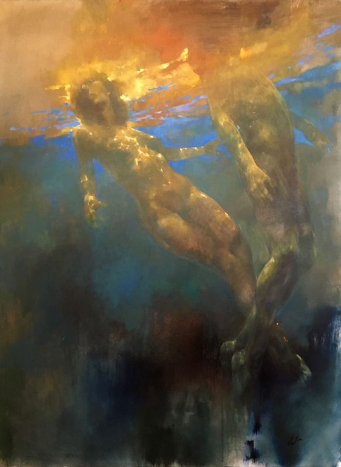 image of a painting of two figures swimming made using oranges and blues