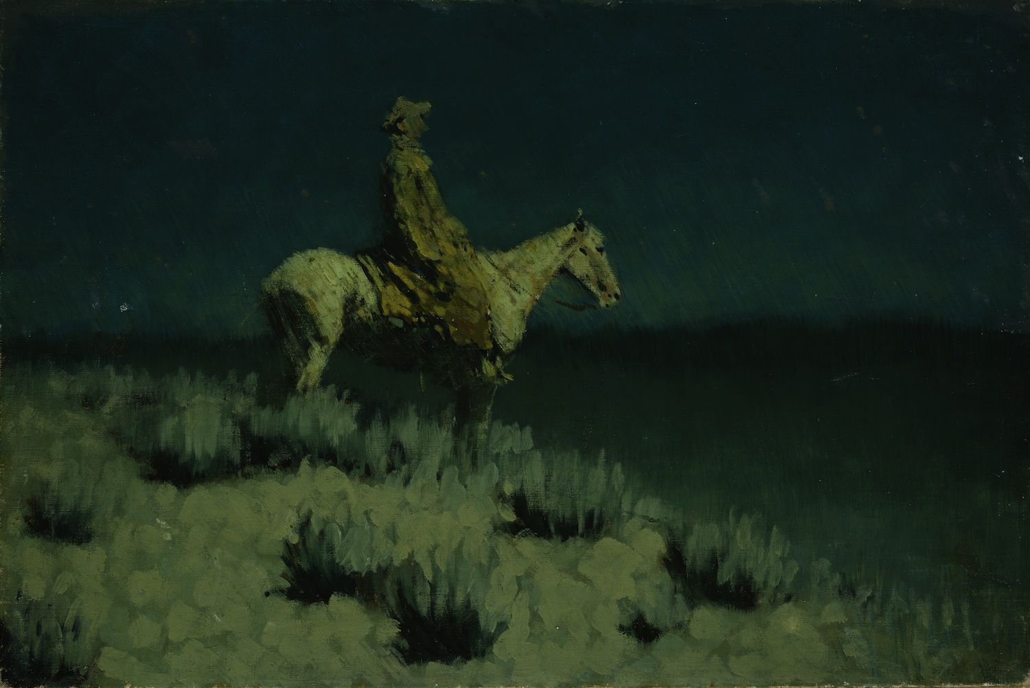 a painting by Frederick Remington of a cowboy at night made with a low chroma palette