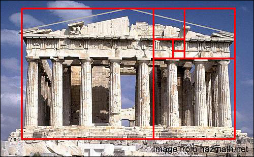 photo of the Parthenon with a graphic of phi rectangles layered over it