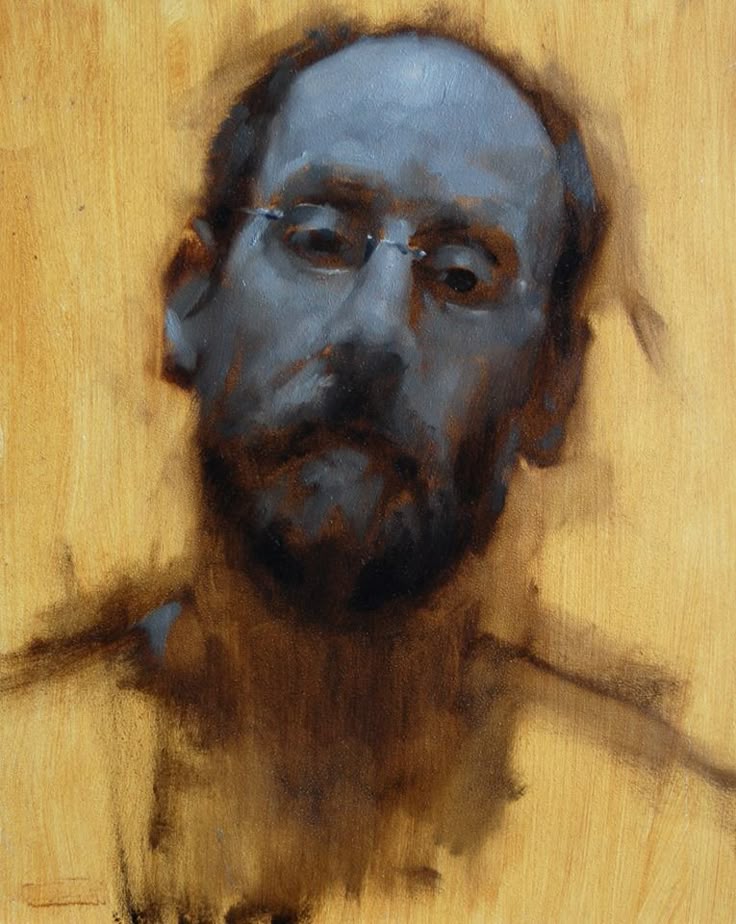 grisaille oil painting over an imprimatura layer. The image depicts a forward facoing portrait of a man with a beard.