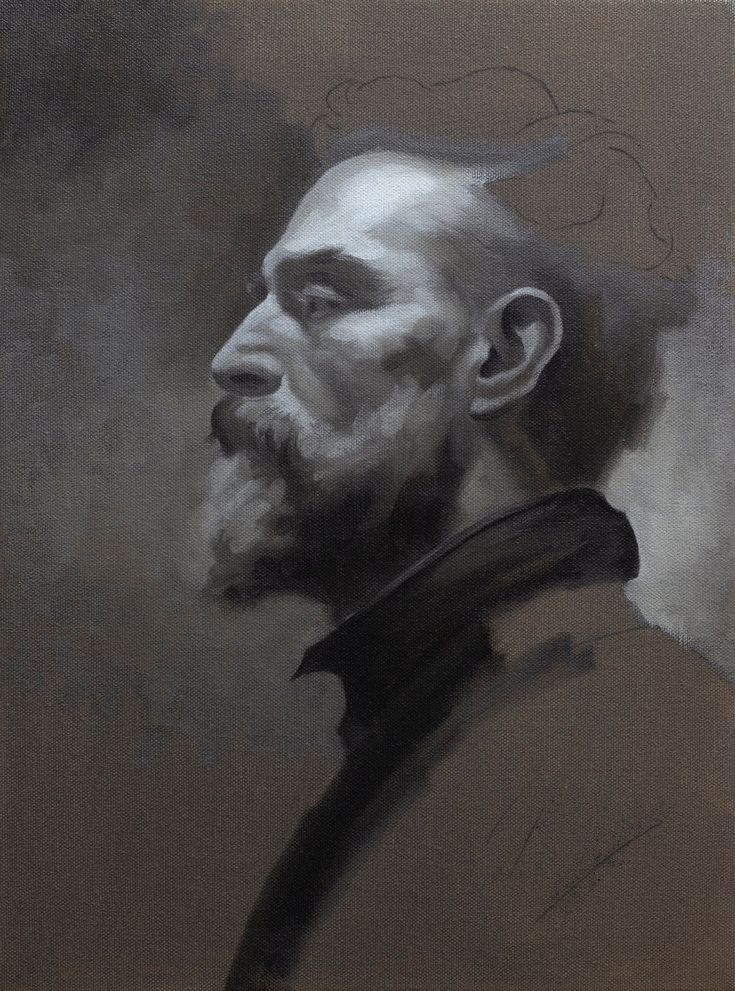 a grisaille painting in progress showing a man in profile