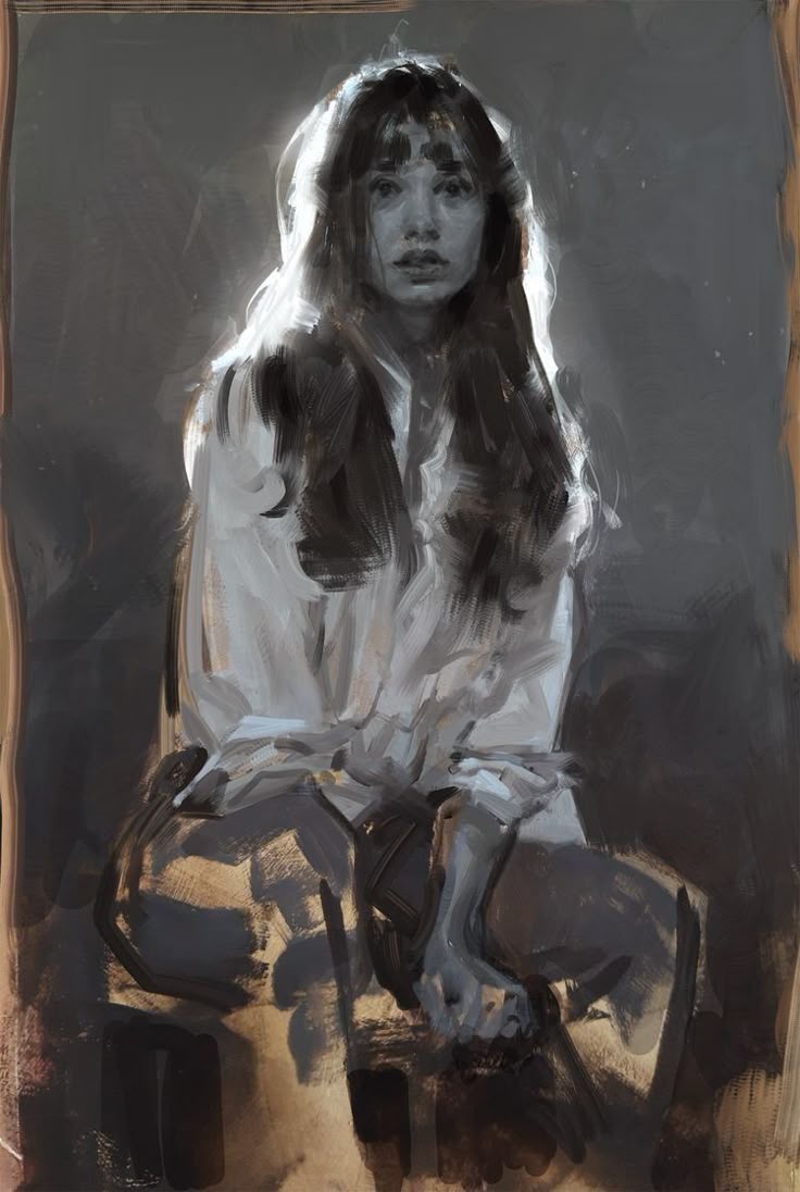 a digital painting in progress made to look like an actual grisaille painting of a women with a light hitting her hair.