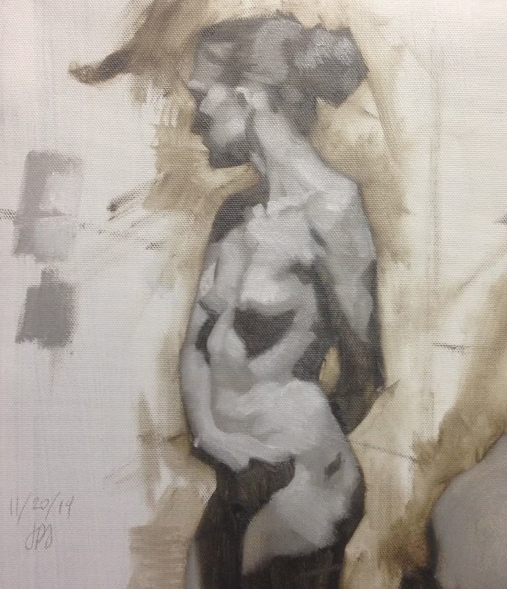 this oil grisaille appears to be done with raw umber and white and it depicts a standing nude female