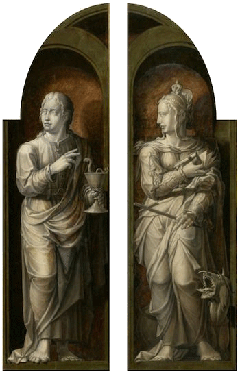 painting by Maerten van Heemskerck titled John the Evangelist and Margaret the Virgin. They are part of the Ecce Homo Triptych