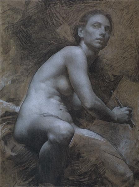 photo of an in-progress painting showing a raw umber imprimatura layer with a grisaille layer started. The painting is by Jeffrey Minns