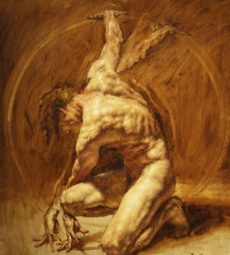 imprimatura painting by Robert Liberace of a crouching male nude from the 21st century.