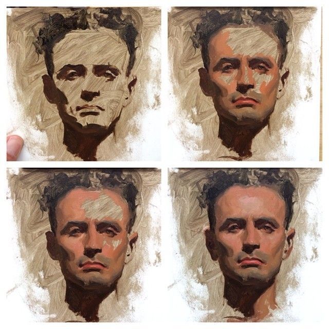 four images of a painting by Sean Cheetham showing the portrait which employs the use of imprimatura as an underpainting