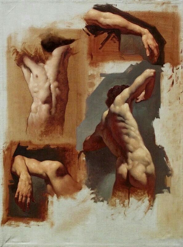 images of oil on canvas studies by Robert Liberace showing the imprimatura layer