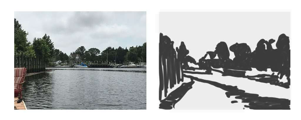 photograph next to a black and white notan study