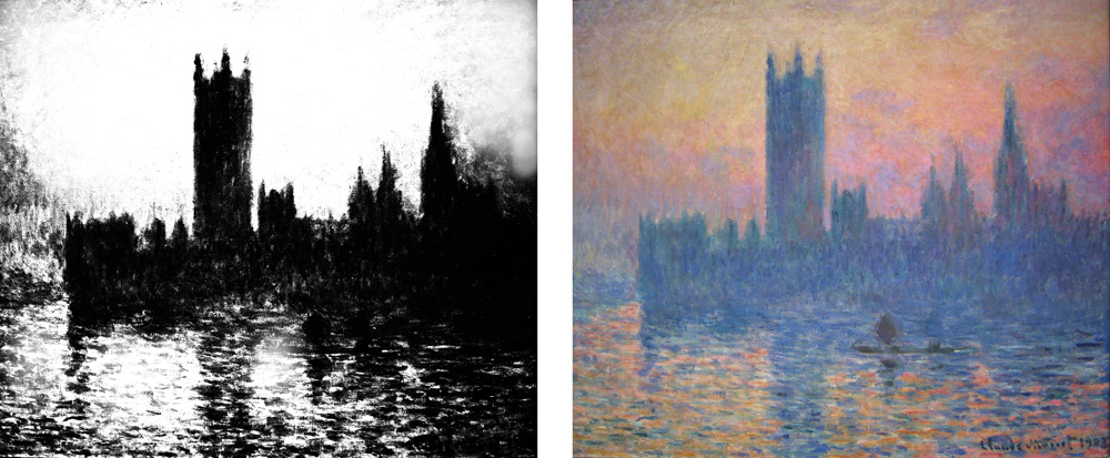 image of Monet's painting titled House of Parliament  next to a black and white notan study