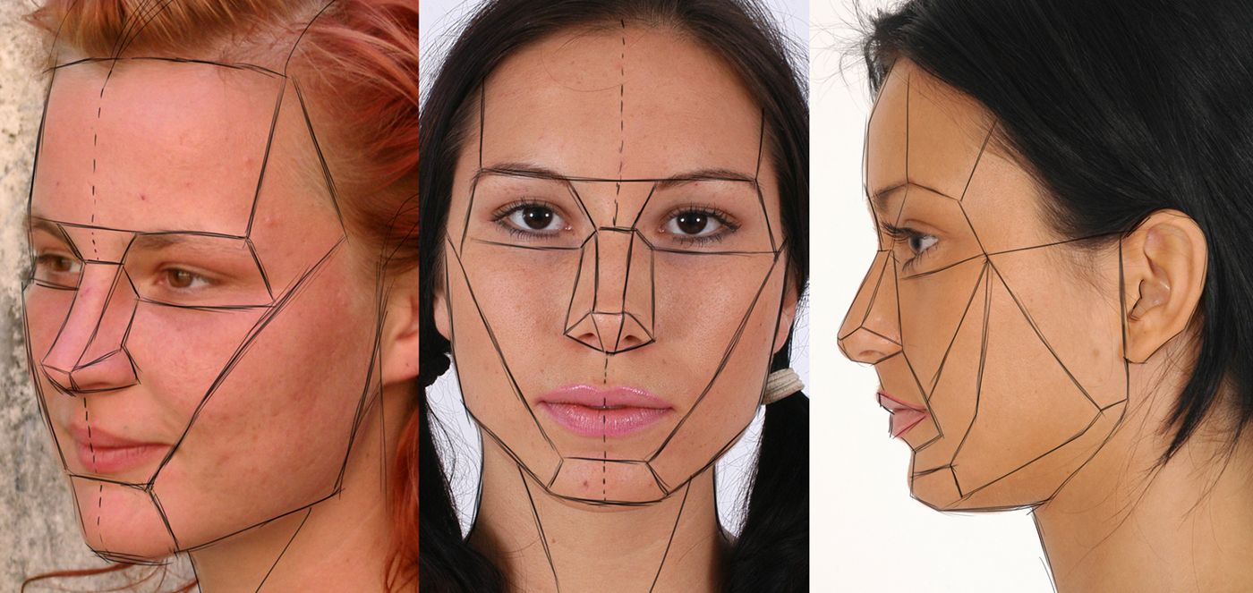 photos of three faces with lines drawn over them to demonstrate the planes